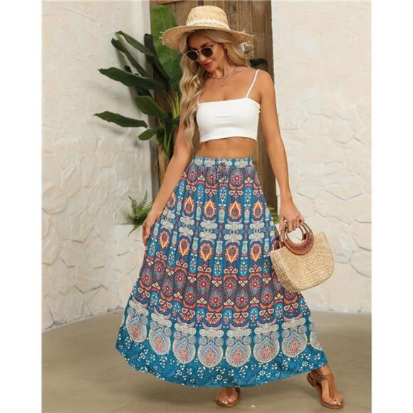 Maxi Skirts for Women Summer Boho Pleated Flowy Long Skirts Casual A Line - Picture 2 of 7
